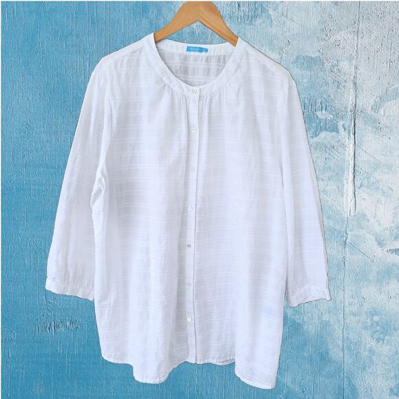 J. McLaughlin White Collarless Button Down Top Size XL Textured Stripe - Picture 1 of 9